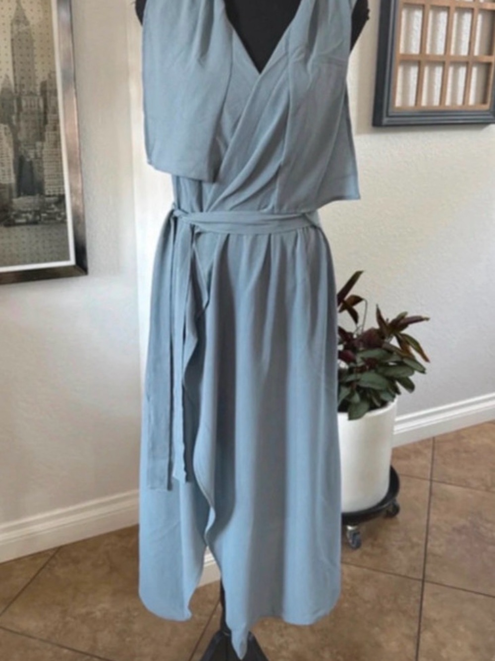 iris Light Blue Sleeveless Wrap Midi Dress with Waist Tie